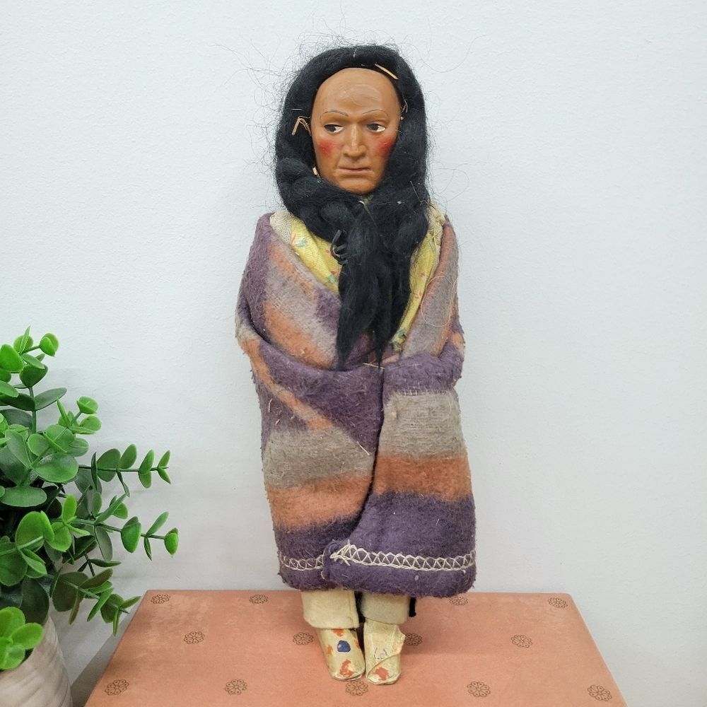 Vintage Skookum-Style Native American Doll • Straw Stuffed • Carved Painted Head